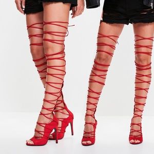 Missguided lace up knee high red sandals
